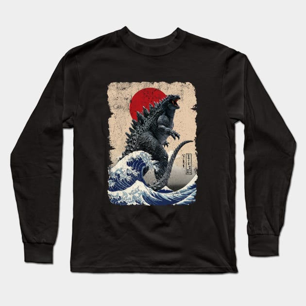 Godzilla and the Wave Tan Background - Rough Long Sleeve T-Shirt by DavidLoblaw